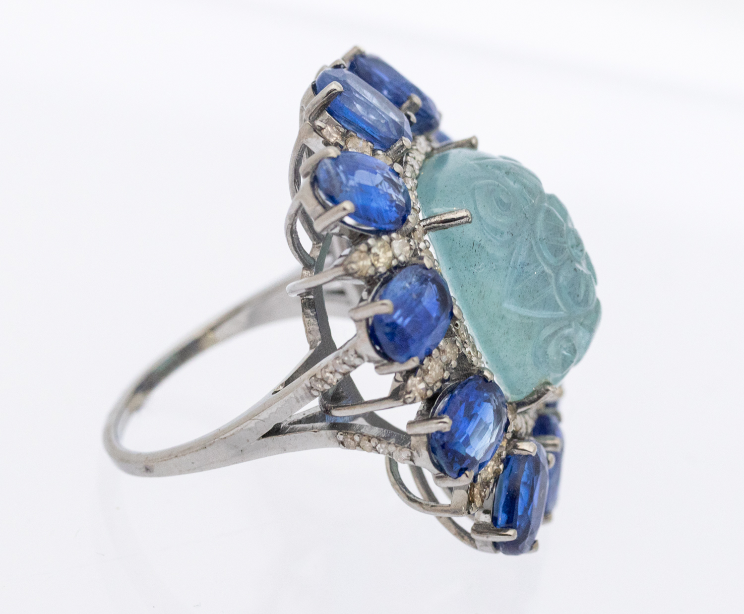 A large aquamarine, kyanite and diamond set white gold cocktail ring, comprising a central cushion - Image 3 of 4