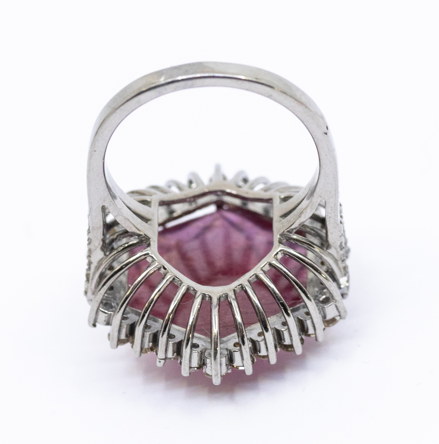 A tourmaline and diamond silver set dress ring, comprising an octagonal carved rubellite tourmaline, - Image 3 of 3