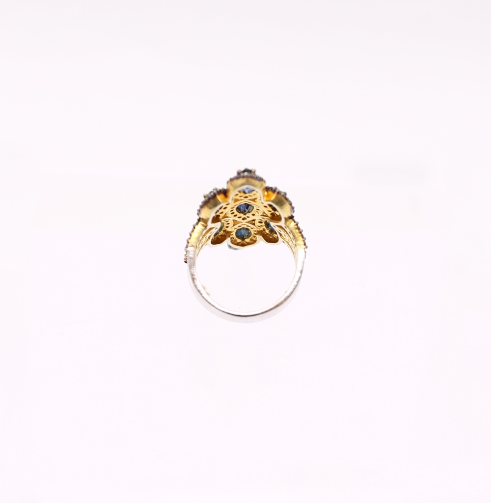 A large sapphire and diamond set silver gilt ring, set with marquise cut sapphires within diamond - Image 4 of 4