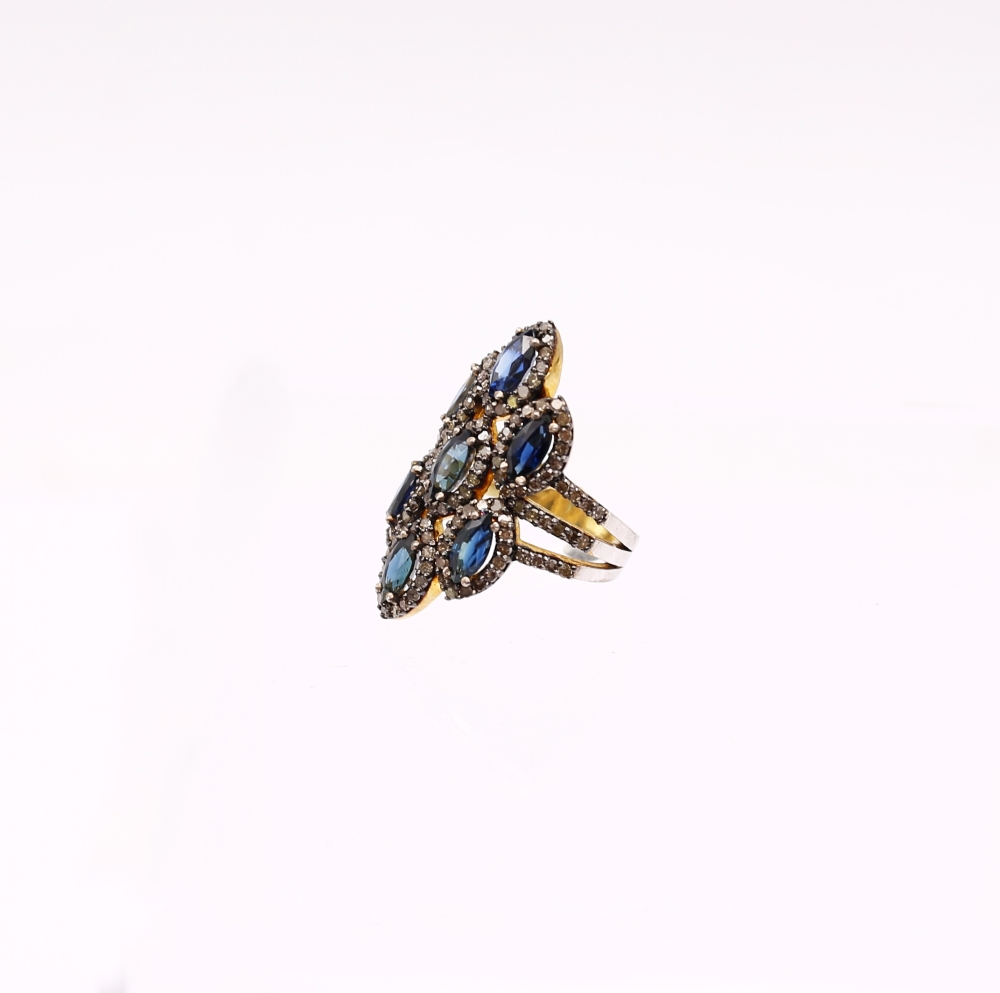 A large sapphire and diamond set silver gilt ring, set with marquise cut sapphires within diamond - Image 3 of 4