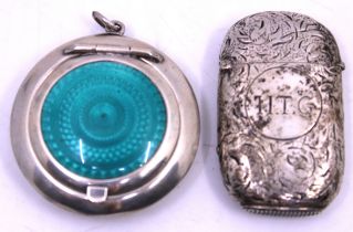 Sterling Silver and Blue Guilloche Enamel Miniature Compact/Pill Box and Sterling Silver Engraved