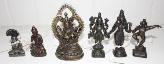 Five various Indian bronze deities, tallest 10cm and a white metal example, 6cm high  (6)