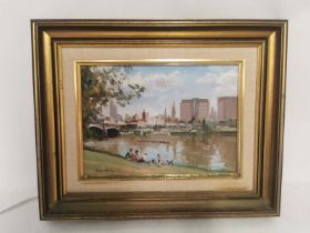 Oil on Board of a city river scene with people rowing by Dermont Hellier b1916. Frame: Approximately