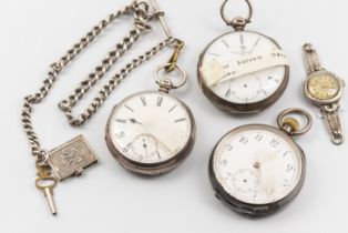 Three Silver Pocket Watches (A/F), a Sterling Silver Albert Chain with Miniature "Exposition Liege
