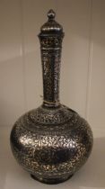 An Indian bidri silver and metal surahi bottle vase and cover, early 20th century, later drilled for