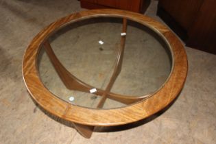 G Plan circular coffee table with glass insert G Plan badge to underside, some restoration to finish