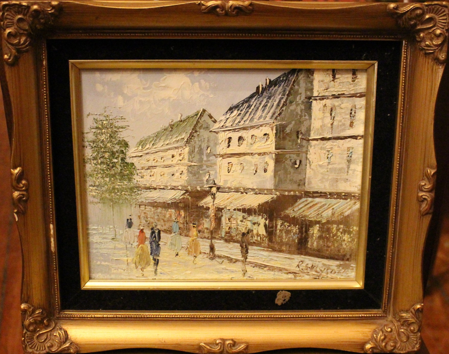 R. Davey Impressionistic Parisian street scene, signed, oil on canvas, 50cm x 59.5cm, two other - Image 3 of 3