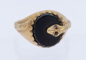 Men's 9ct Yellow Gold Onyx Signet ring with Serpent Design.  The Serpents eyes are inset with two