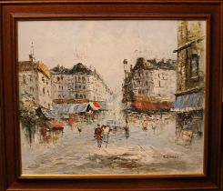 R. Davey Impressionistic Parisian street scene, signed, oil on canvas, 50cm x 59.5cm, two other