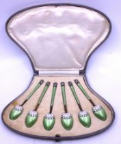 Set of Six Green and White Enamelled Norwegian Sterling Silver Teaspoons.  The Teaspoons are