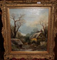 William R. Stone (1842- 1913)  " Winter Landscape with millhouse" Oil On Canvas.  Signed on the