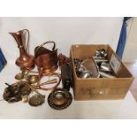 A quantity of metal items to include; brass and copper, coal bucket, hunting horns, large jug and