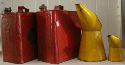 2 x Vintage petrol cans and 2 x oil cans.