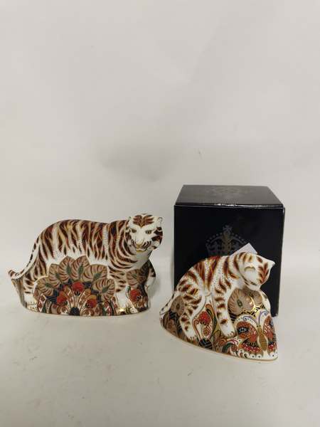 Two Royal Crown Derby English Bone China Paperweights; 'Bengal Tiger' with gold stopper, and 'Bengal
