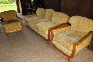 Golden crushed velvet wooden framed 3 piece suite overall very good condition but fabric may need