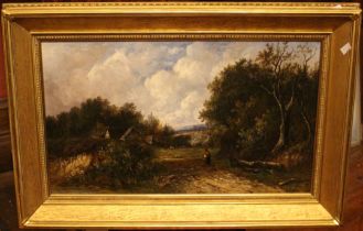 . Unsigned Artist Large Landscape" Cows in a Stream"  Oil On Canvas. Re-lined Large Heavy gilt Frame