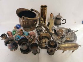 A quantity of miscellaneous metal ware; coal scuttle, shell, iron, hand bell, plated wares etc
