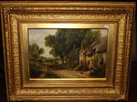 Edward O Bowley (British, fl.1843 - 1870) " Cottage scene with horse and cart"  Oil On Canvas.