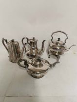 4 items of silver plate to include; a Spirit Kettle, an engraved coffee pot, a teapot and an