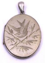 Unmarked White Metal Mourning Locket with Swallow Decoration.  The Swallow appears in a branch of