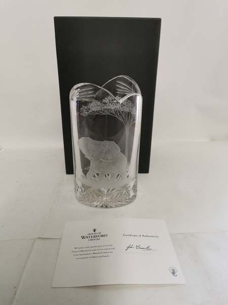 An Exhibition Piece Engraved Waterford Crystal Vase Titled 'Elephant And Tree' 158112, with box