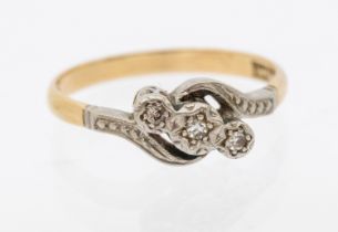 18ct Yellow Gold and Platinum Three Stone Diamond Ilusion Set Ring. The ring contains three Melee