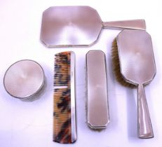 1939 Five Piece Sterling Silver Enamelled Vanity Set.  To include a Hair Brush, a Clothes Brush, a