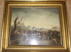 Unsigned Artist  Continental/ Dutch  "Children ice-skating " Oil On board. Unsigned.  Gilt Framed.
