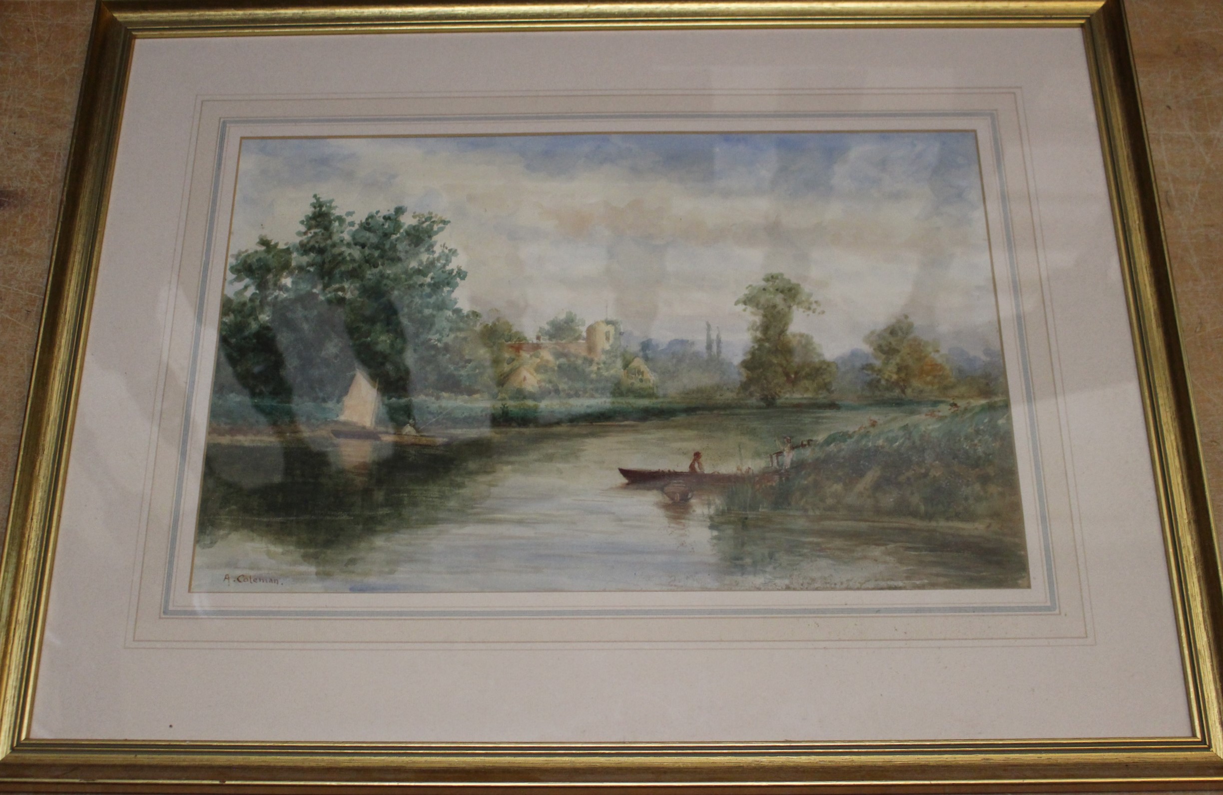 . A. Coleman  "On the Thames" Boating  Landscape.  Watercolour. Signed lower left   Gilt Framed Some