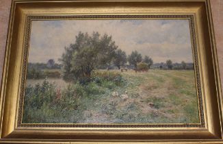 . Charles Cater Read  "  A June Day"  Country Landscape with Ducks Oil On Canvas. Signed lower left.