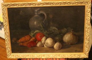 W A Stewart Still life with jug and assorted vegetables, signed and dated 1906, oil on board, 31.5cm