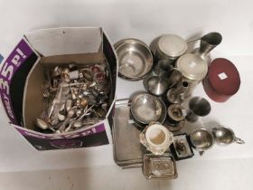 A collection of pewter items to include vases, dishes etc. Together with assorted plated and other