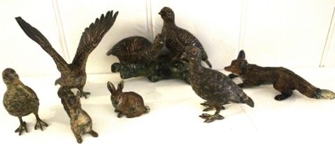 A collection of 19th century Austrian cold painted bronze animal and bird models to include
