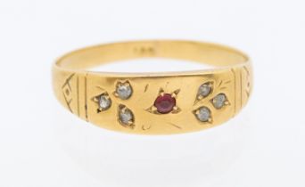 Antique 18ct Yellow Gold Ruby & Rose Cut Diamond Ring.  The ring contains six melee Rose Cut