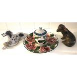 a Wemyss pottery inkwell and cover painted in cabbage rose design, green border, 16.5cm diameter,