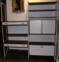 2 Bays of retro Ladderax wall units, coated white frames with assorted draws shelves and cabinets,