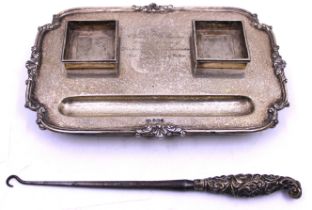 Mappin & Webb Sterling Silver Engraved Inkwell Stand with turned out feet (Missing Glass Inkwells)