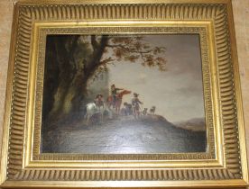 Unsigned Artist " 3 Cavaliers with horse and hounds" Landscape  Oil On board. Unsigned  Gilt Framed