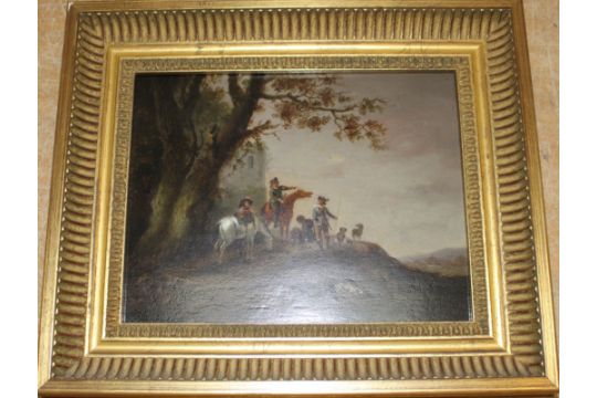 Unsigned Artist " 3 Cavaliers with horse and hounds" Landscape  Oil On board. Unsigned  Gilt Framed - Image 1 of 2