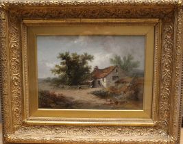 H foley (Henry Foley flourished 1848- 1874)  " Cottage scene with figures"   Oli on Canvas  " Signed