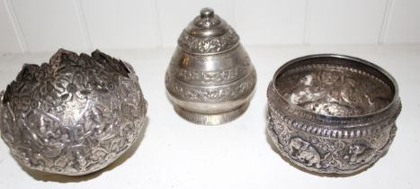 A collection of Indian silver comprising  small bowl repousse with animals and figures,9cm diameter,