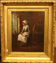 W Reeves "  lady by a window with spinning wheel"  "Academy study" W Reeves stencilled to verso.