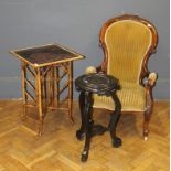 A Victorian walnut framed ladies chair upholstered in velvet dralon ( damaged) and a Chinese