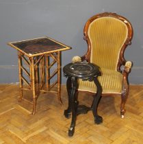 A Victorian walnut framed ladies chair upholstered in velvet dralon ( damaged) and a Chinese
