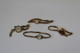A collection of three 9ct gold ladies watches on 9ct gold bracelets. Untested and one with partial