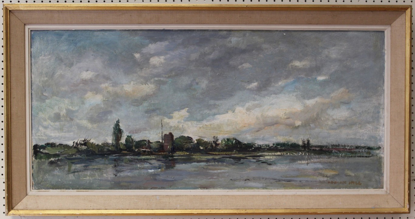 Adrian Hill 1897-1977 British Riverscape, oil on board, signed lower right, framed, 40 x 88cm