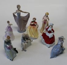 A collection of porcelain figures of ladies, to include a set of four Royal Doulton Pretty Ladies,