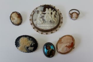 A large 9ct circular shell cameo, depicting a classical Egyptian scene. Shell cameo as found due