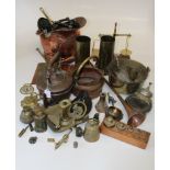 A large quantity of assorted metalwares, to include two copper scuttles, two copper kettles, various