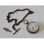 A silver open-faced pocket watch, with engine turned decoration, the white enamel dial with Roman